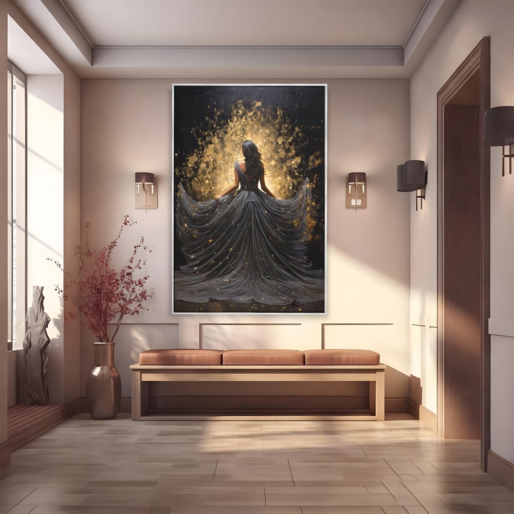 Tablou canvas cu ilustratie digitala cu silueta feminina, in rama de aluminiu argintiu